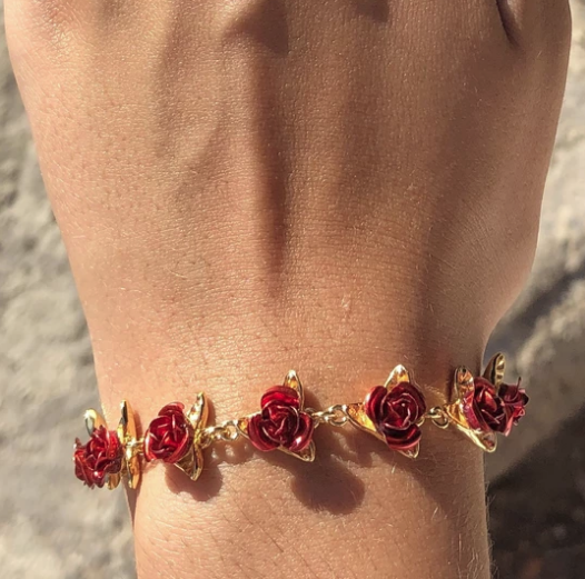 U7 Elegant Bangle Rose Flower Charm Gold Color Link Bracelet for Women  Romantic Anniversary Jewelry Gift Idea